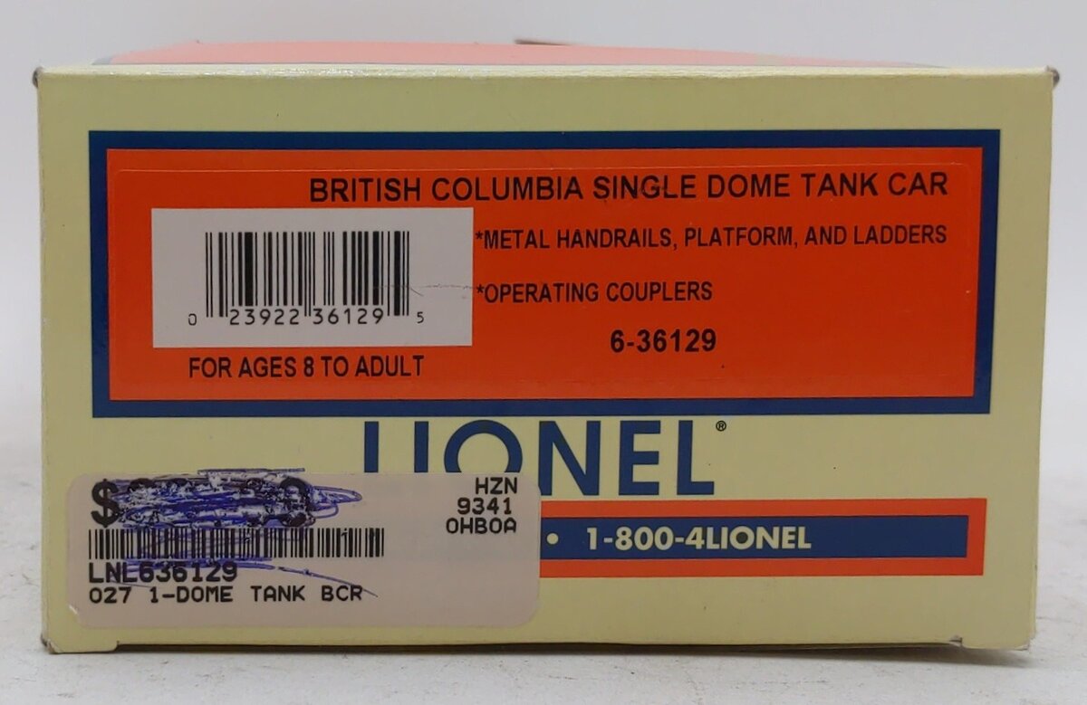 Lionel 6-36129 O Gauge British Columbia Singe Dome Tank Car