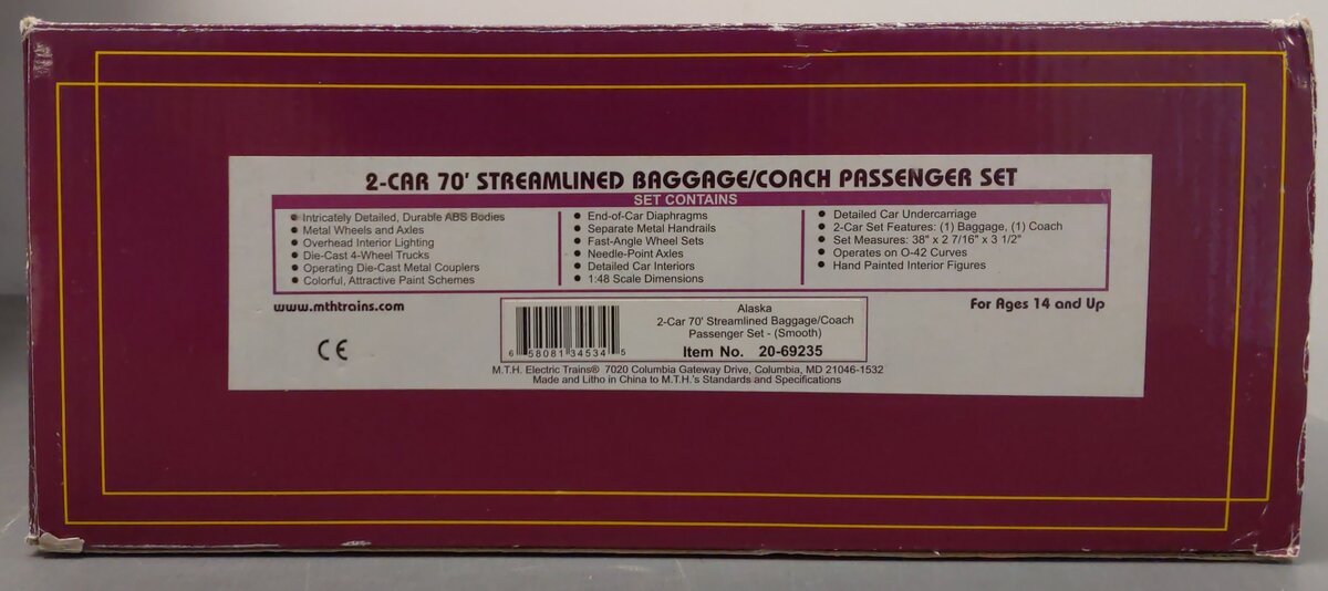 MTH 20-69235 O Gauge Alaska 70' Smoothside Baggage/Coach Passenger Car Set of 2
