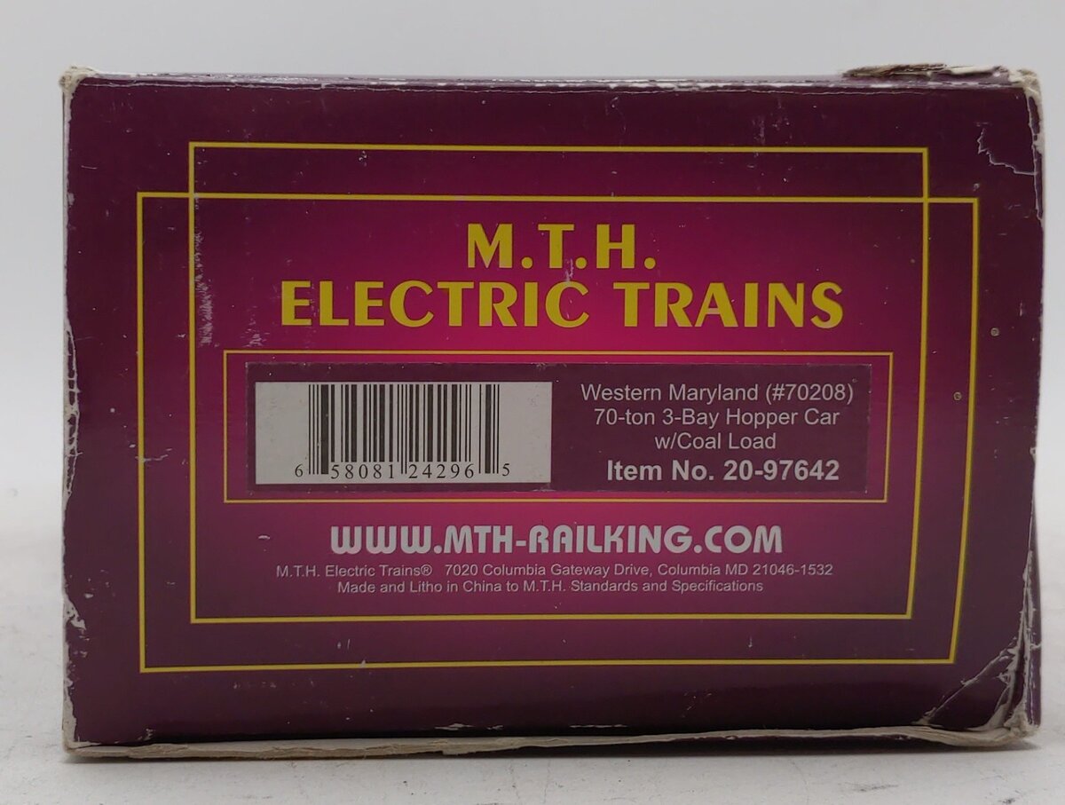 MTH 20-97642 Western Maryland 70-Ton 3-Bay Hopper Car #70208 with Coal Load