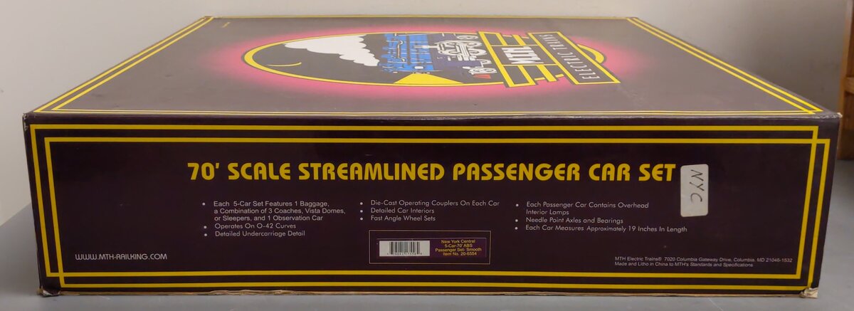 MTH 20-6554 O New York Central 70' Streamlined Passenger Car Set LN/Box