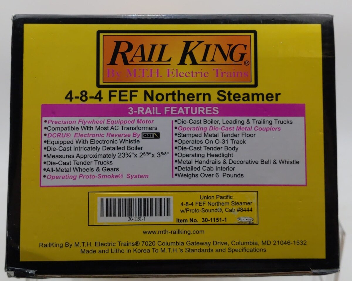 MTH 30-1151-1 O Union Pacific 4-8-4 FEF Northern Steam Locomotive & Tender w/PS1 LN/Box