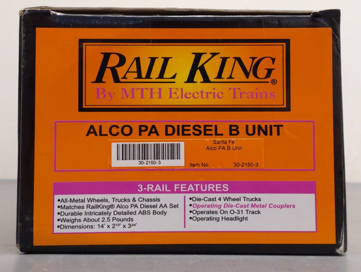 MTH 30-2150-3 O Gauge Santa Fe Alco PA Non-Powered B-Unit Diesel Engine LN/Box