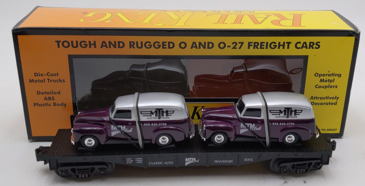 MTH 30-76002 O Gauge MTH RRC-2001 Flatcar with 2 Ertl 1951 Panel Vans NIB