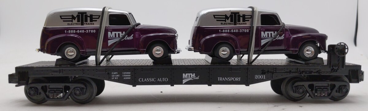 MTH 30-76002 O Gauge MTH RRC-2001 Flatcar with 2 Ertl 1951 Panel Vans LN/Box