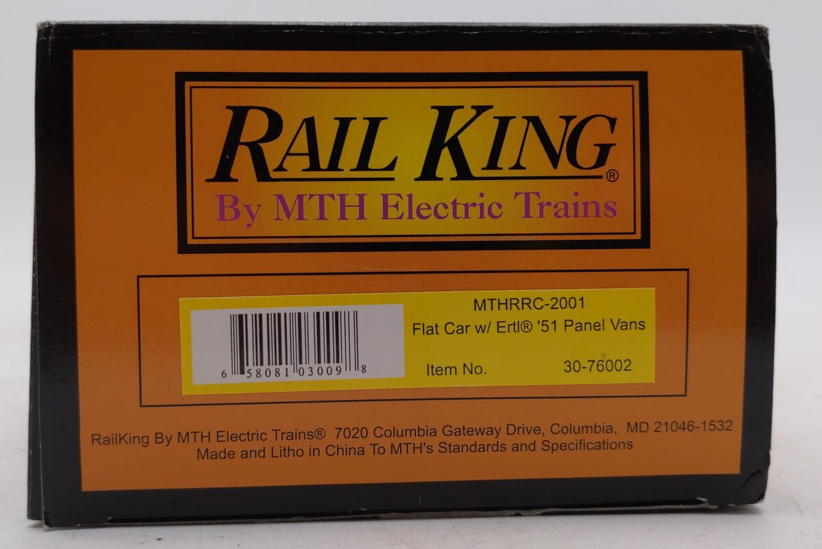 MTH 30-76002 O Gauge MTH RRC-2001 Flatcar with 2 Ertl 1951 Panel Vans LN/Box
