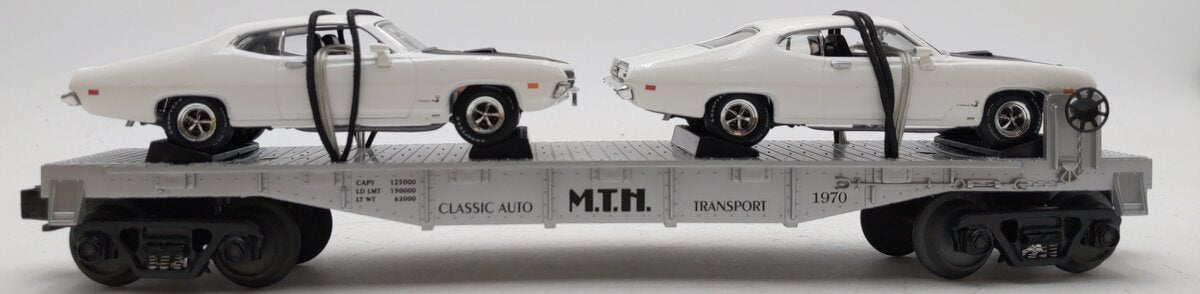 MTH 30-7692 O Gauge MTH Auto Transportation Flatcar w/ 2 Ertl '70 Ford Torinos LN/Box