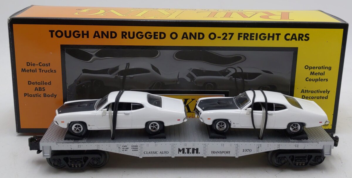 MTH 30-7692 O Gauge MTH Auto Transportation Flatcar w/ 2 Ertl '70 Ford Torinos LN/Box