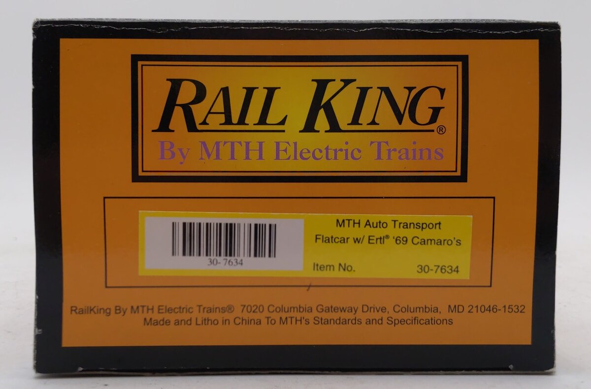 MTH 30-7634 O Gauge MTH Auto Transport Flatcar w/2 Ertl '69 Chevrolet Camaros MT/Box