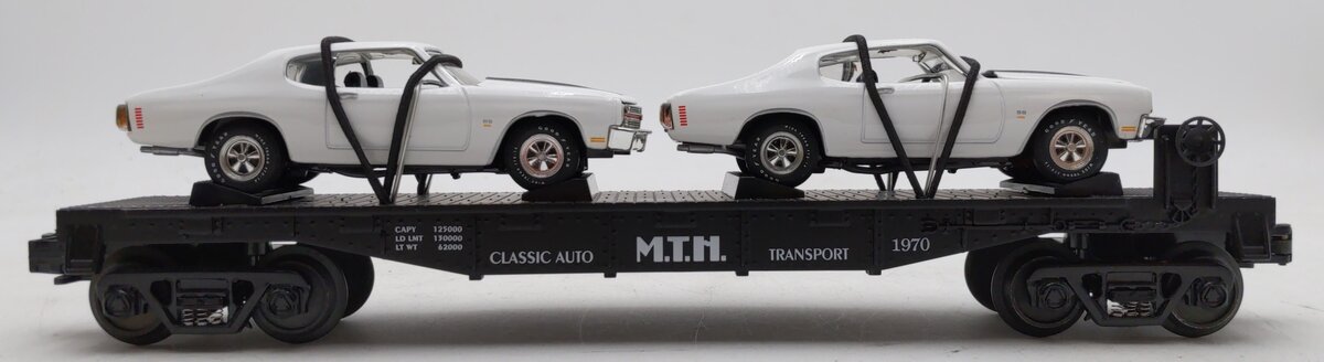 MTH 30-7680 O Gauge MTH Transport Flatcar w/Ertl '70 Chevelles LN/Box