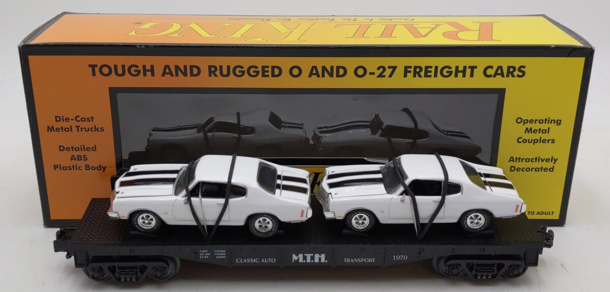 MTH 30-7680 O Gauge MTH Transport Flatcar w/Ertl '70 Chevelles LN/Box