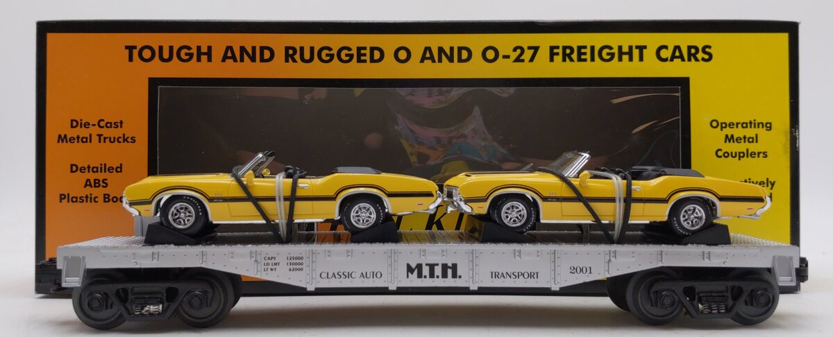 MTH 30-7693 O Gauge MTH Auto Transportation Flatcar w/2 Ertl 1970 Olds 442 Cars LN/Box