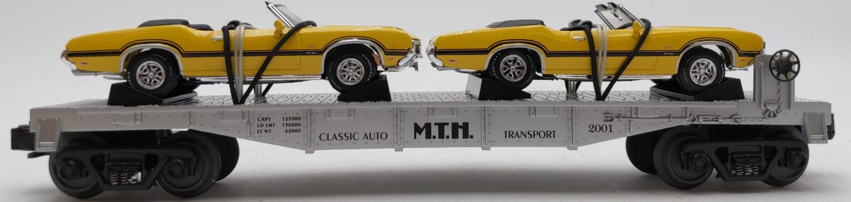 MTH 30-7693 O Gauge MTH Auto Transportation Flatcar w/2 Ertl 1970 Olds 442 Cars LN/Box