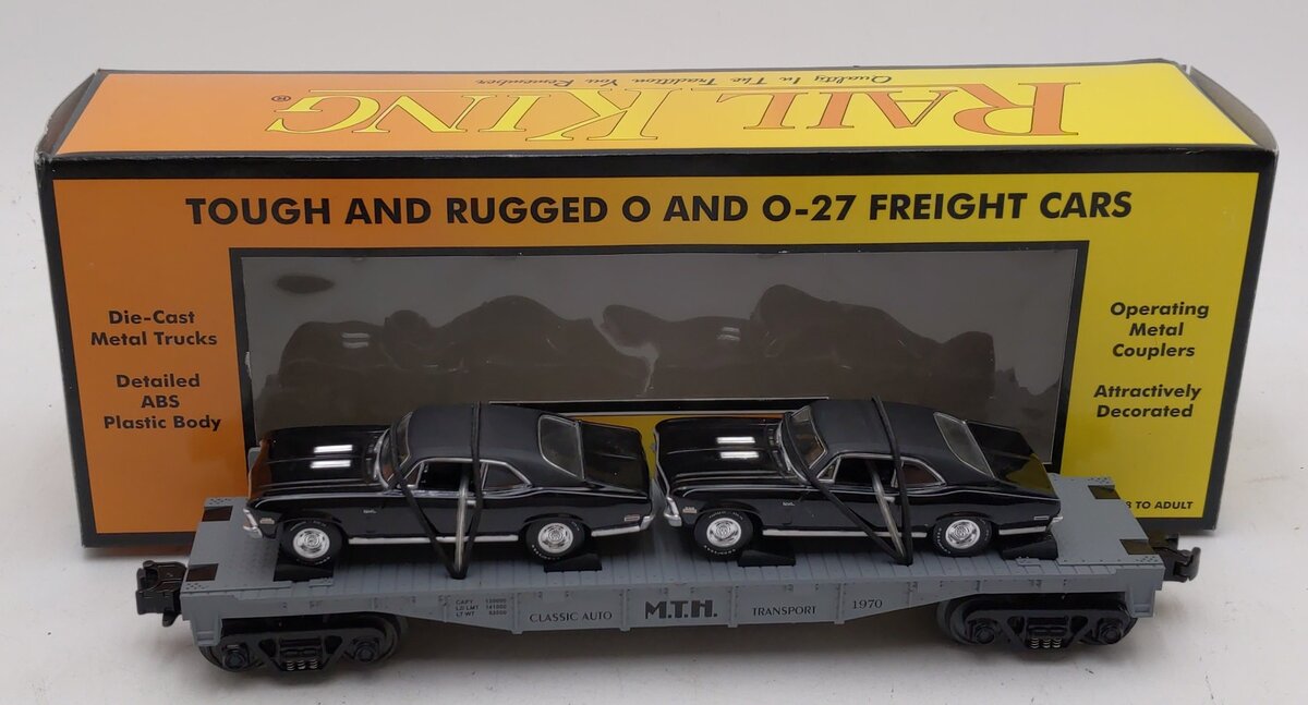 MTH 30-7661 O Gauge MTH Auto Transport Flatcar with Ertl '70 Novas #1970 LN/Box