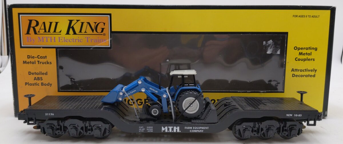 MTH 30-7622 O Gauge Depressed Center Flat w/ Ertl New Holland Tractor #21136 LN/Box