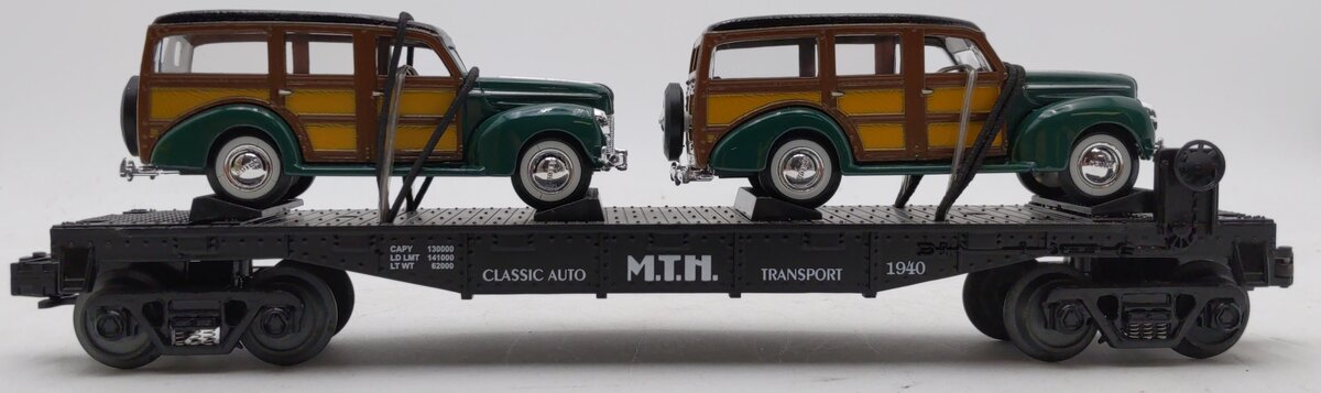 MTH 30-7662 O Gauge MTH Auto Transport Flatcar with Ertl '40 Woody Wagons LN/Box