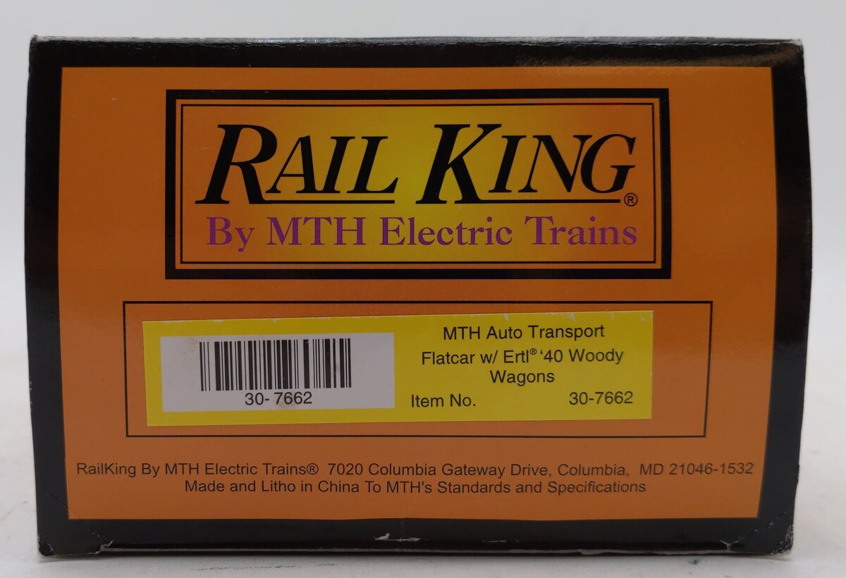 MTH 30-7662 O Gauge MTH Auto Transport Flatcar with Ertl '40 Woody Wagons LN/Box