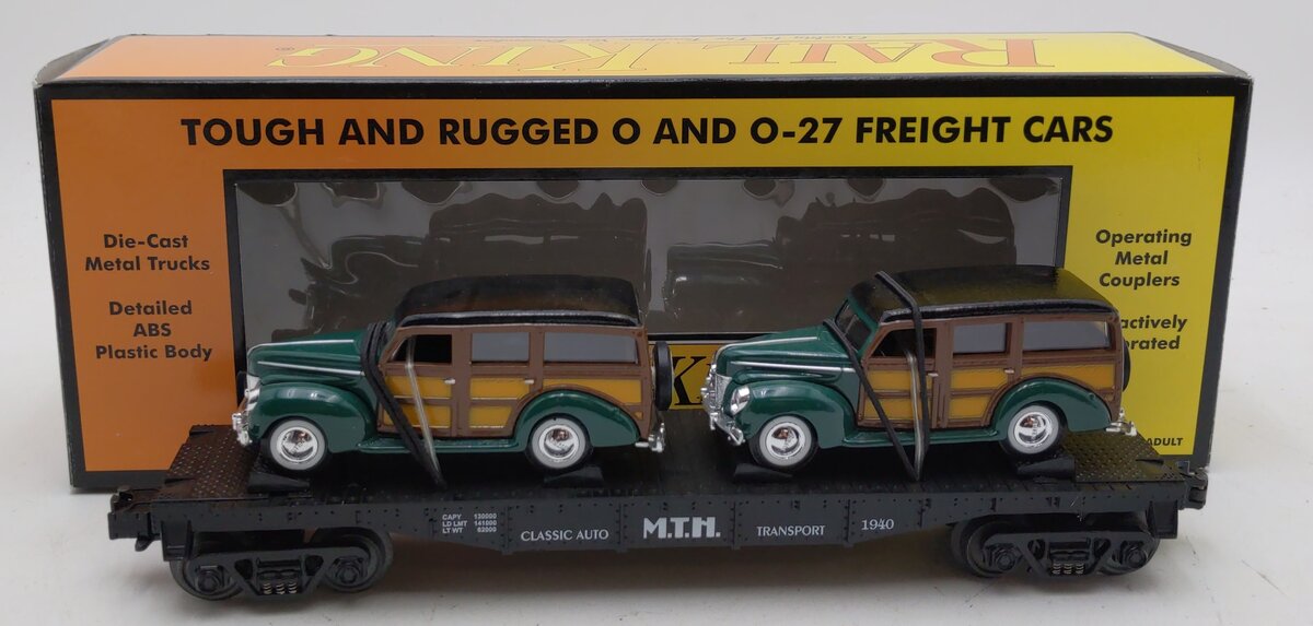 MTH 30-7662 O Gauge MTH Auto Transport Flatcar with Ertl '40 Woody Wagons LN/Box