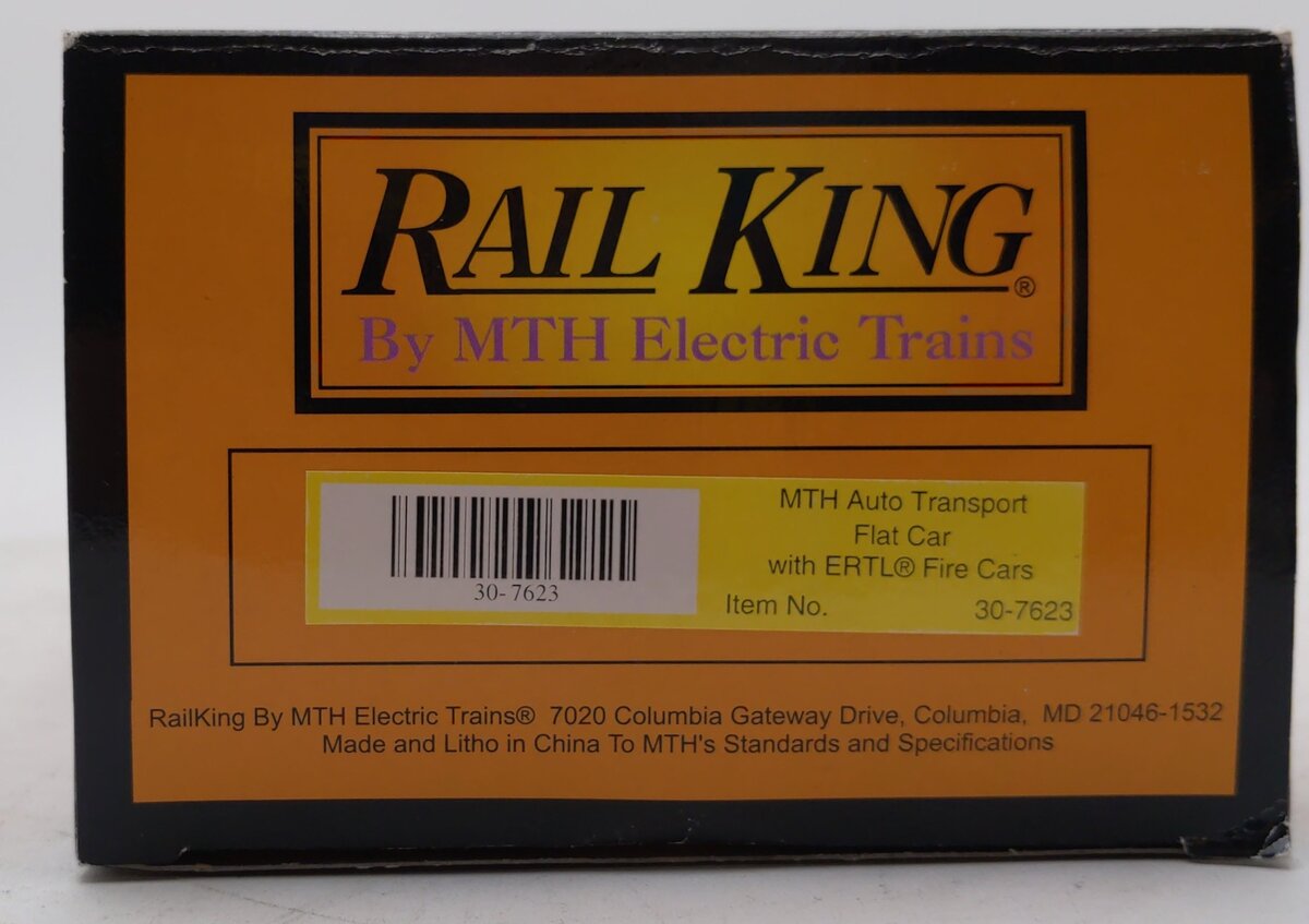 MTH 30-7623 O Gauge MTH Auto Transport Flatcar with 2 Ertl Fire Cars LN/Box