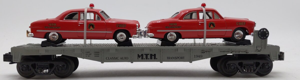 MTH 30-7623 O Gauge MTH Auto Transport Flatcar with 2 Ertl Fire Cars LN/Box