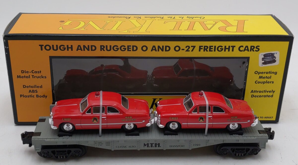 MTH 30-7623 O Gauge MTH Auto Transport Flatcar with 2 Ertl Fire Cars LN/Box