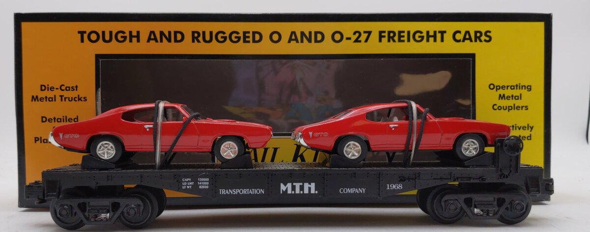 MTH 30-7639 O Gauge MTH Auto Transportation Flatcar with 2 Ertl '68 GTOs #1968 LN/Box