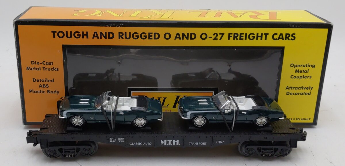 MTH 30-7670 O Gauge MTH Flatcar w/Two Ertl '67 Camaro Convertibles EX/Box