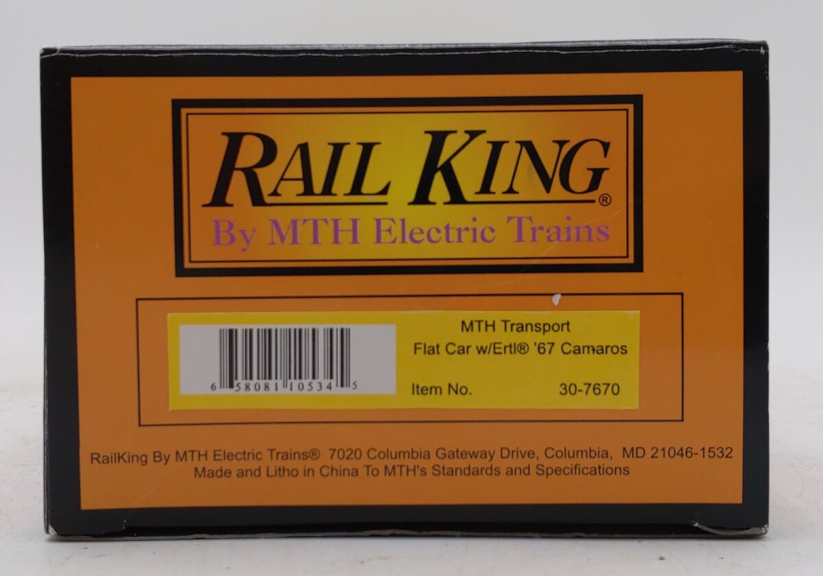 MTH 30-7670 O Gauge MTH Flatcar w/Two Ertl '67 Camaro Convertibles EX/Box