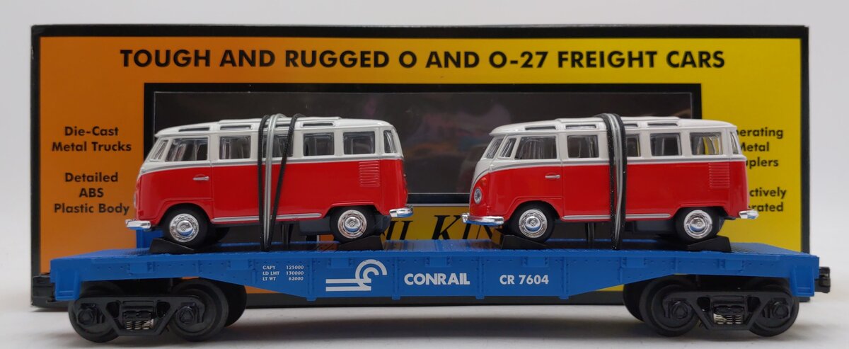 MTH 30-76034 O Gauge Conrail Flat Car w/ 2 VW Vans #7604 LN/Box
