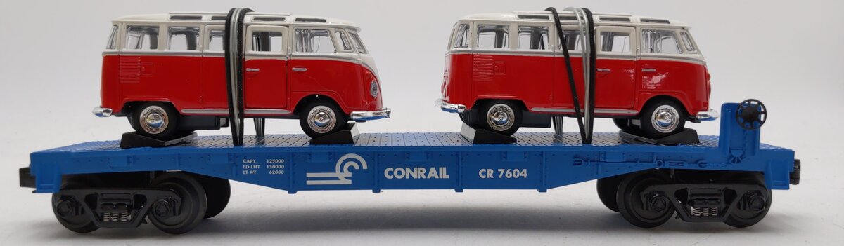 MTH 30-76034 O Gauge Conrail Flat Car w/ 2 VW Vans #7604 LN/Box