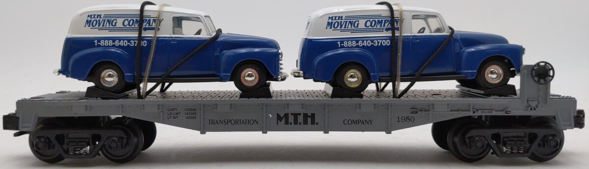 MTH 30-7647 O Gauge Auto Flatcar with 2 Ertl 1950 Panel Trucks NIB