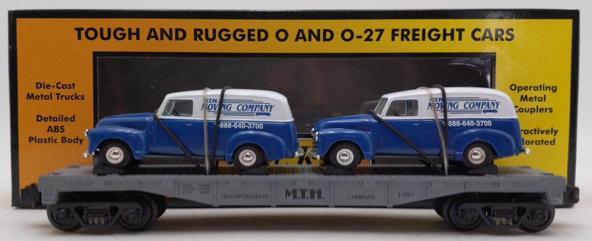 MTH 30-7647 O Gauge Auto Flatcar with 2 Ertl 1950 Panel Trucks NIB