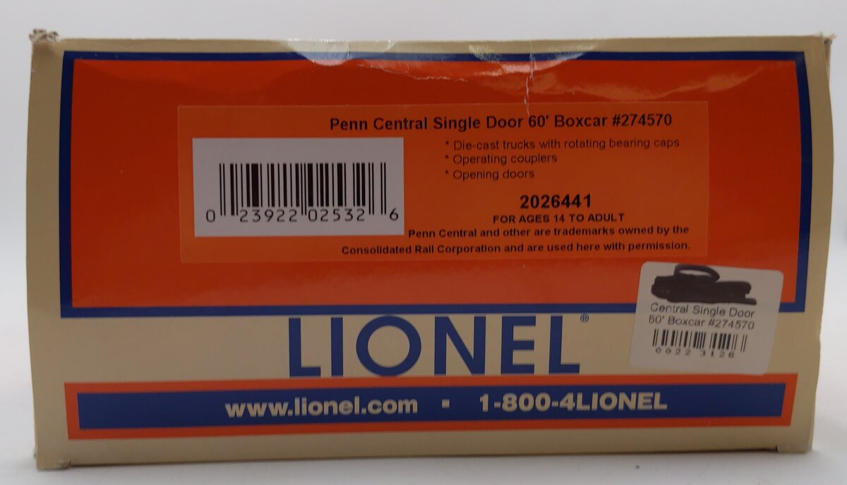Lionel 2026441 O Penn Central Single Door 60' Boxcar #274570