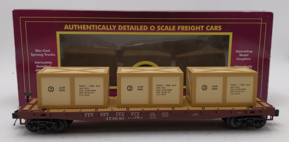 MTH 20-98995 O Gauge Pennsylvania Flatcar w/Crates (3) #473640