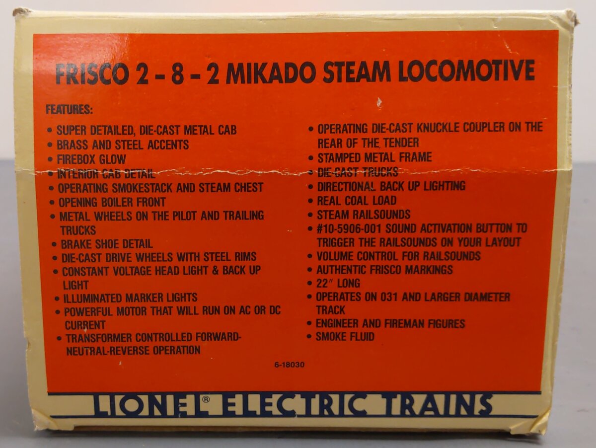Lionel 6-18030 O Gauge Frisco 2-8-2 Mikado Steam Locomotive & Tender #4100 EX/Box