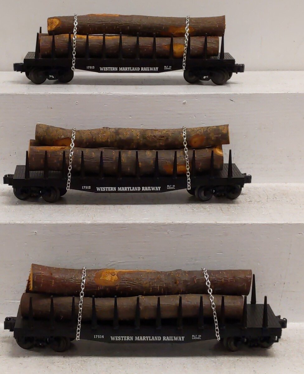 Lionel 6-17511 O Gauge Western Maryland Log Cars with Real Logs (Set of 3) EX/Box