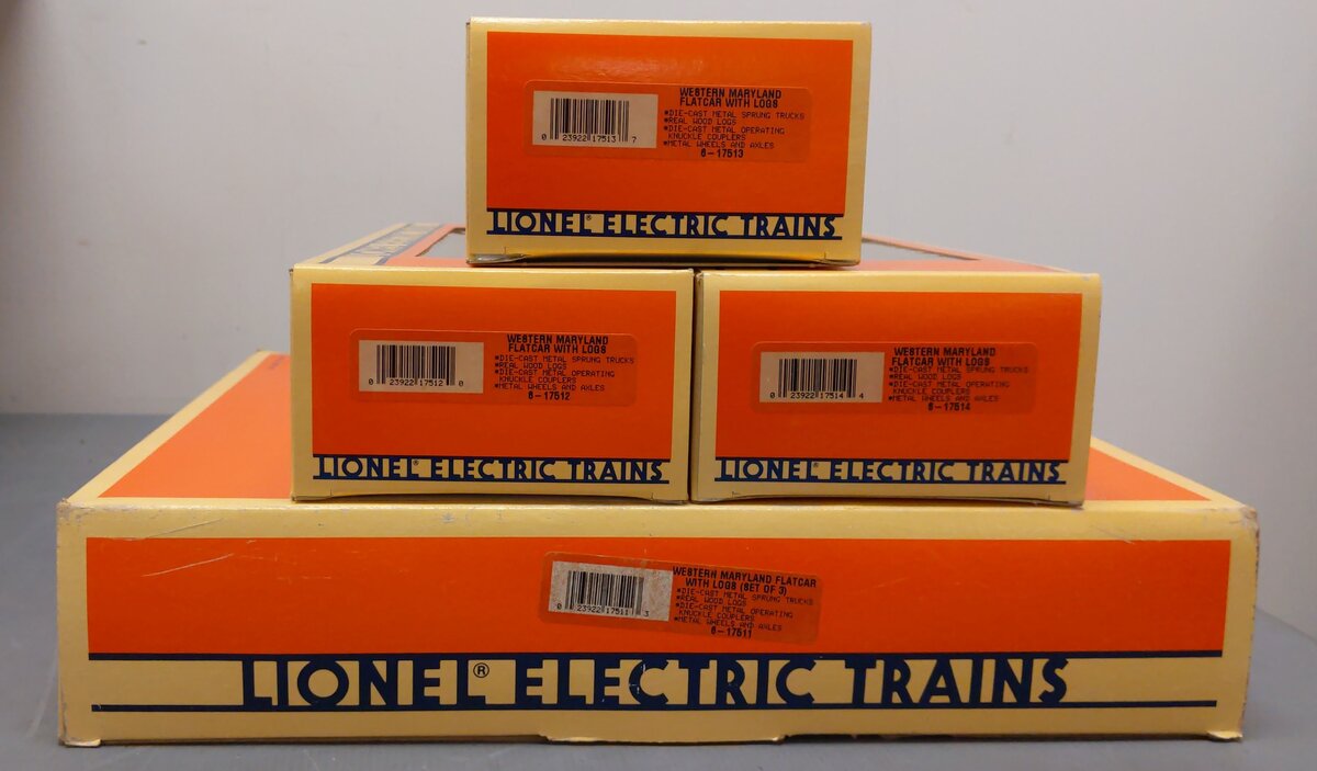 Lionel 6-17511 O Gauge Western Maryland Log Cars with Real Logs (Set of 3) EX/Box