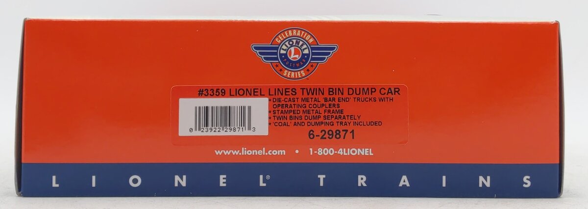 Lionel 6-29871 O Gauge Operating Twin Bin Dump Car #335955 NIB