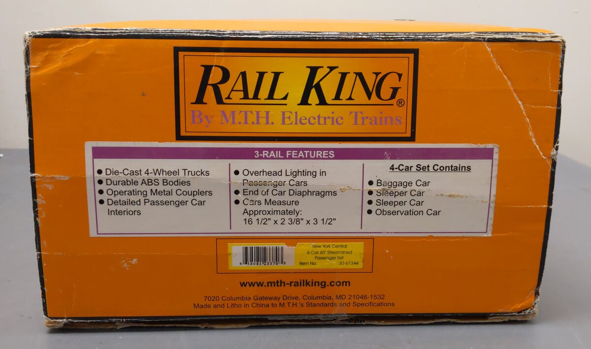 MTH 30-67344 O Gauge New York Central 60' Streamlined 4-Car Passenger Set