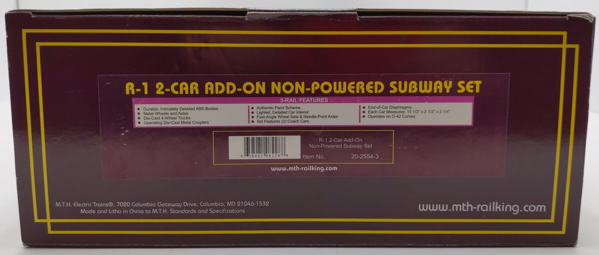 MTH 20-2554-3 O Premier R-1 Subway Passenger Set w/Proto-Sound 2.0 (Set of 2) LN/Box
