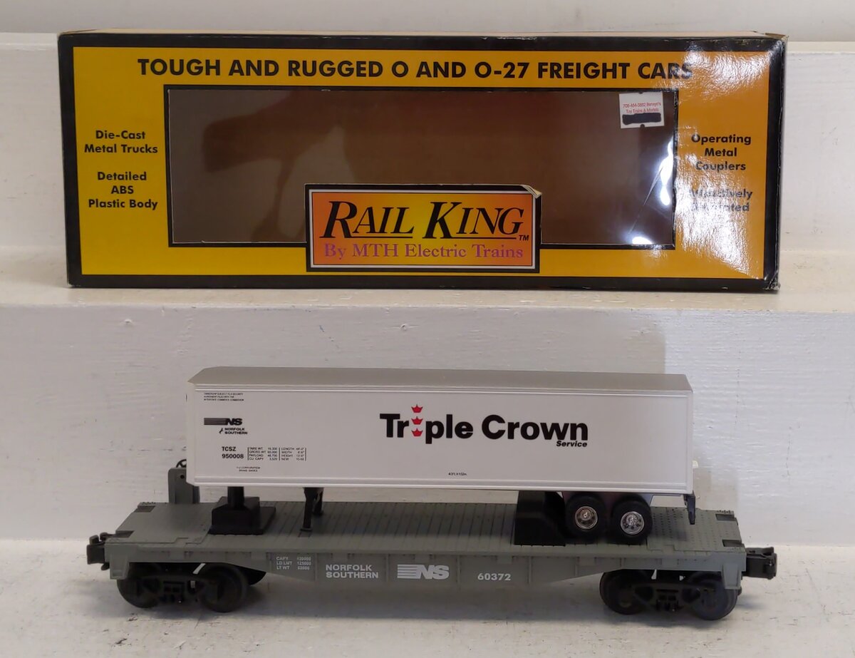 MTH 30-7609 O Gauge Norfolk & Southern Flatcar with NS Triple Crown Trailer EX/Box