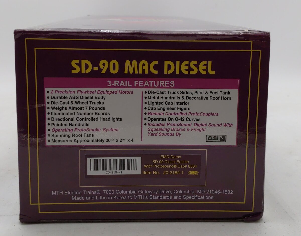 MTH 20-2184-1 O Gauge Electromotive SD-90 MAC Diesel Engine w/PS1 #8504 LN/Box