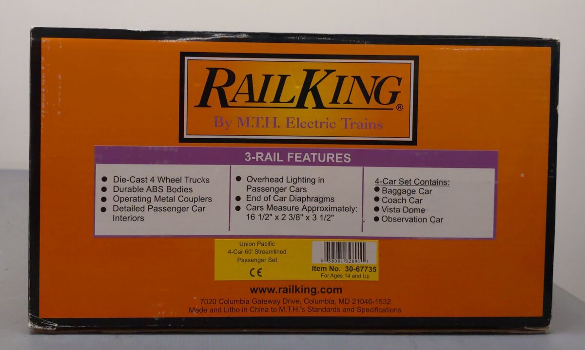MTH 30-67735 O Union Pacific RailKing 60' Streamlined Passenger Cars (Set of 4)