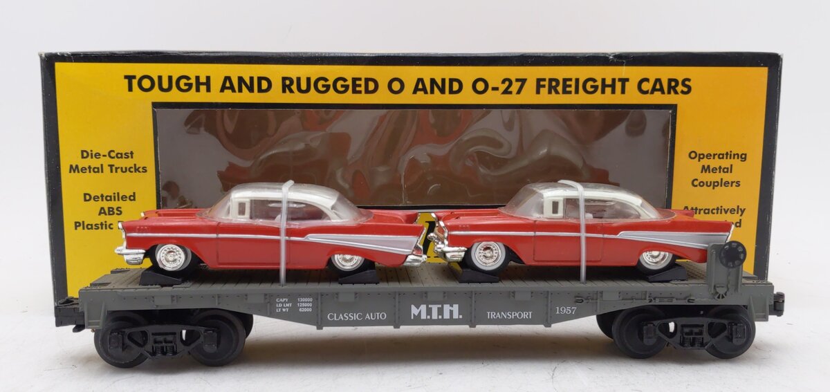 MTH 30-7610 O Gauge MTH Lines Flat Car with 2 Red Ertl '57 Chevys NIB