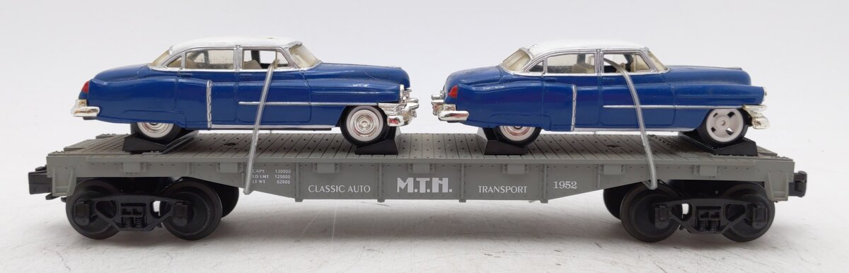 MTH 30-7607L O Gauge MTH Flatcar with Two Ertl '52 Cadillacs MT/Box