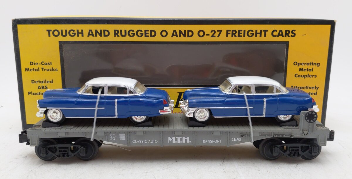 MTH 30-7607L O Gauge MTH Flatcar with Two Ertl '52 Cadillacs MT/Box