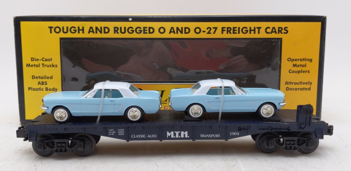 MTH 30-7617 O Gauge MTH Auto Transport Flat Car with 2 Ertl '64 Mustangs/Box