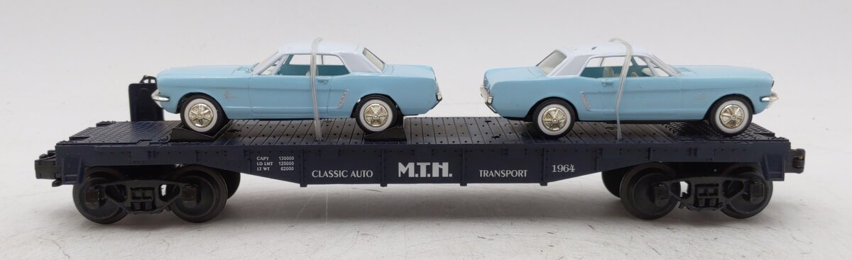 MTH 30-7617 O Gauge MTH Auto Transport Flat Car with 2 Ertl '64 Mustangs LN/Box