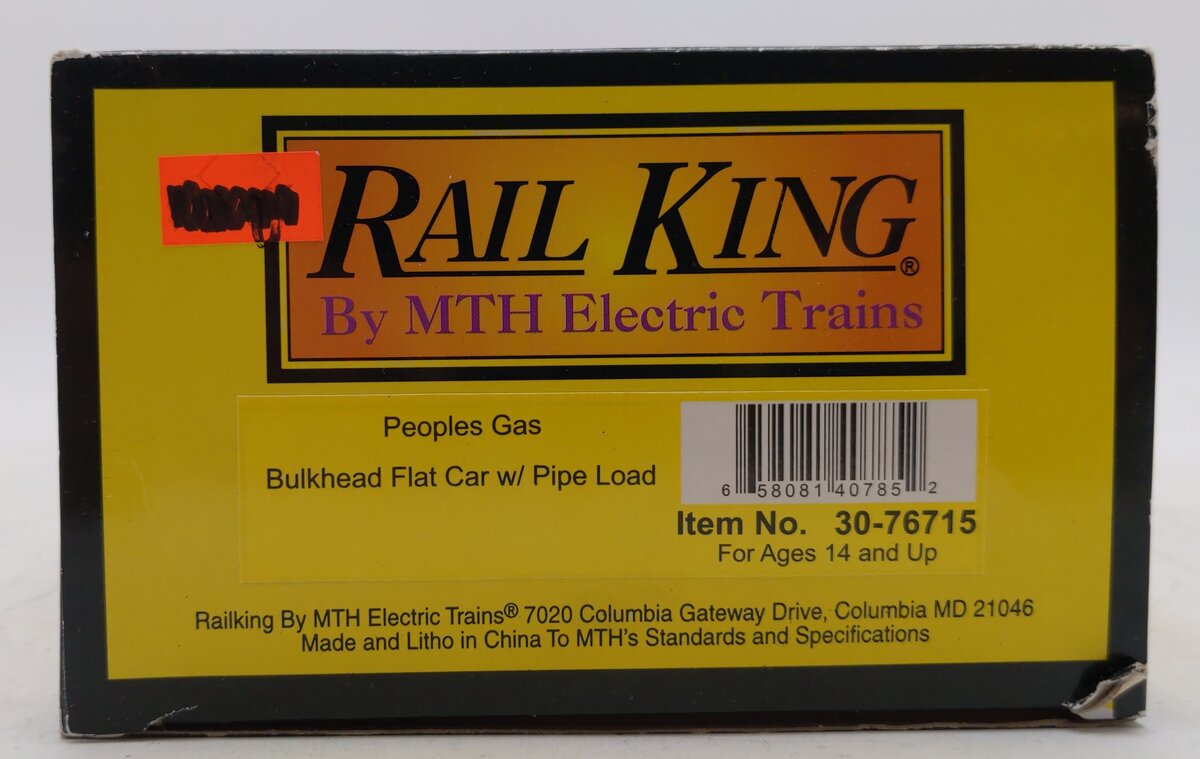 MTH 30-76715 O Peoples Gas Flat Car with Bulkheads and Pipe Load #2018