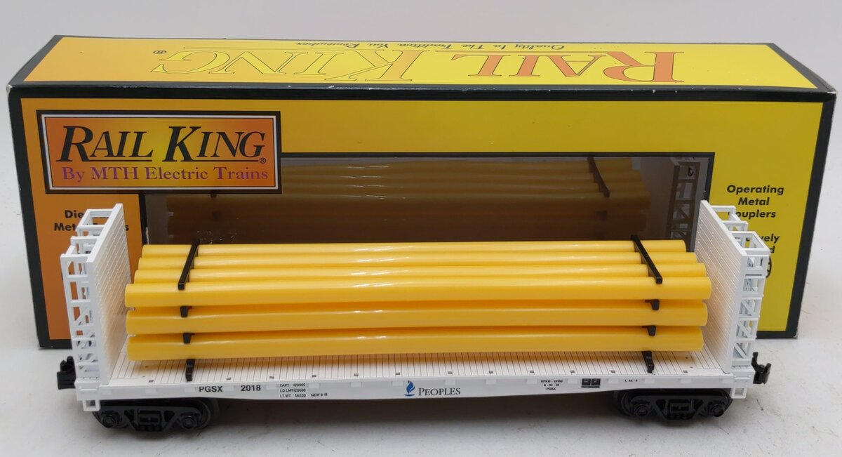 MTH 30-76715 O Peoples Gas Flat Car with Bulkheads and Pipe Load #2018