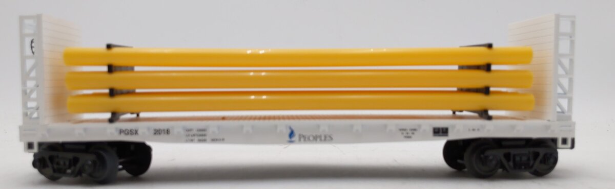 MTH 30-76715 O Peoples Gas Flat Car with Bulkheads and Pipe Load #2018